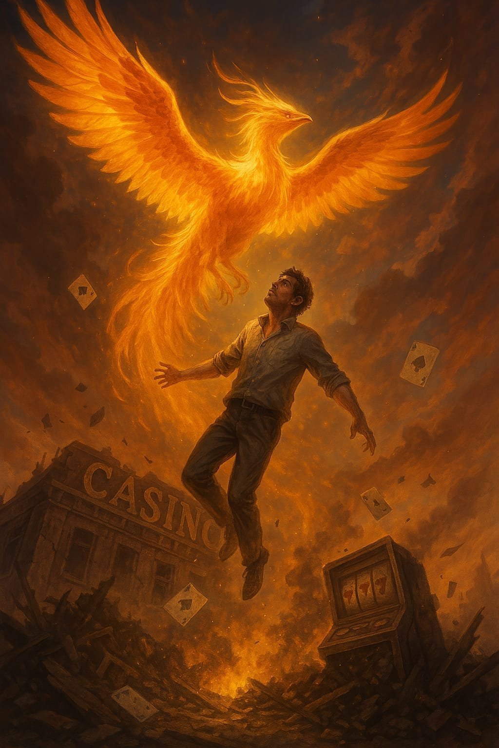 Man rising from gambling ruins with Phoenix - quit gambling illustration